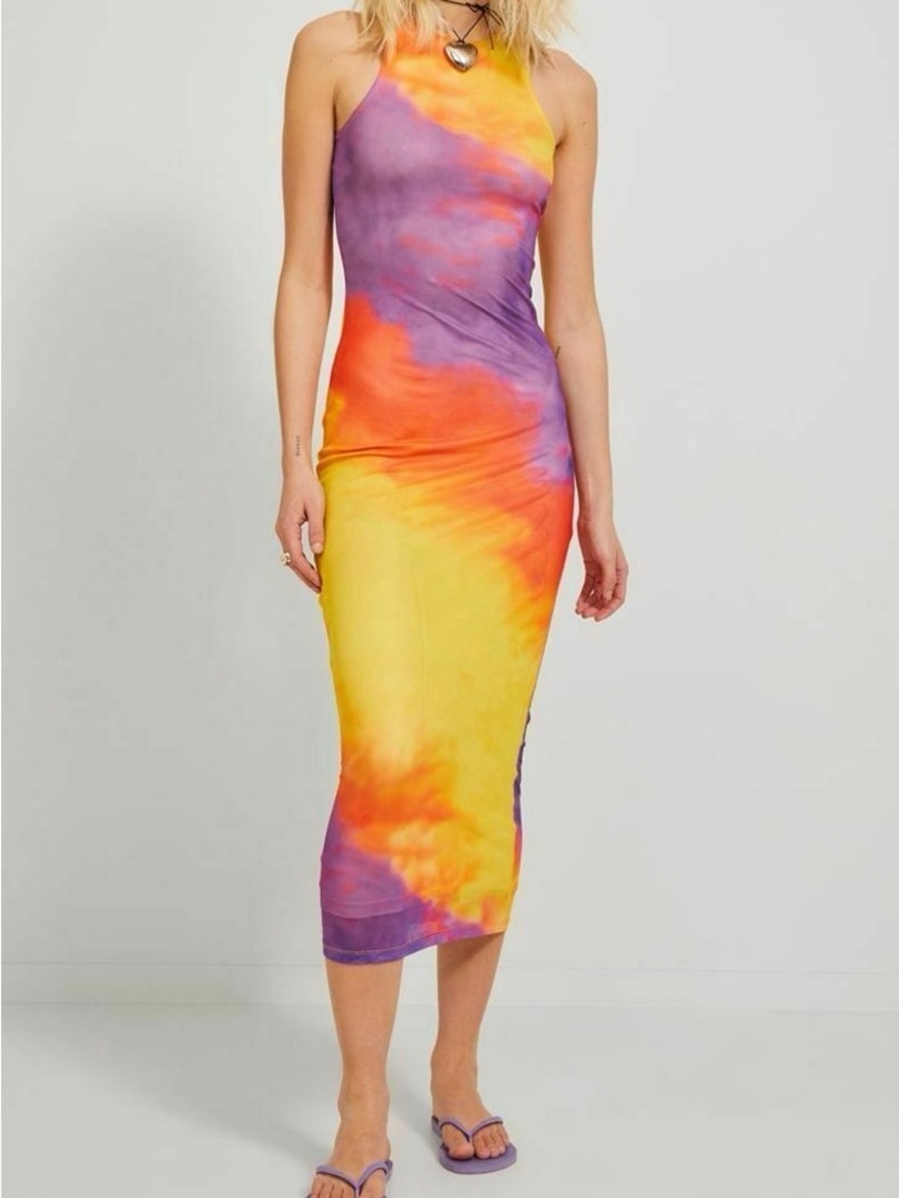 JJXX Tie-Dye Halter Maxi Dress Yellow Orange Purple Size Medium